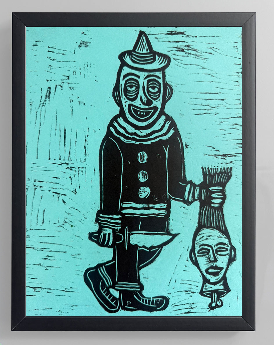 Friendly Clown Woodcut Print