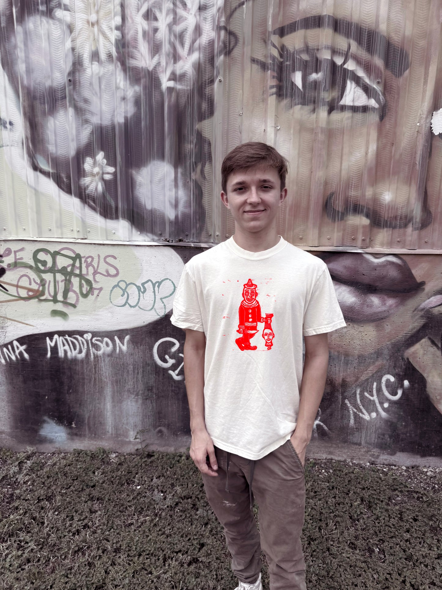 Clown Therapy Woodcut Handprinted T-Shirt