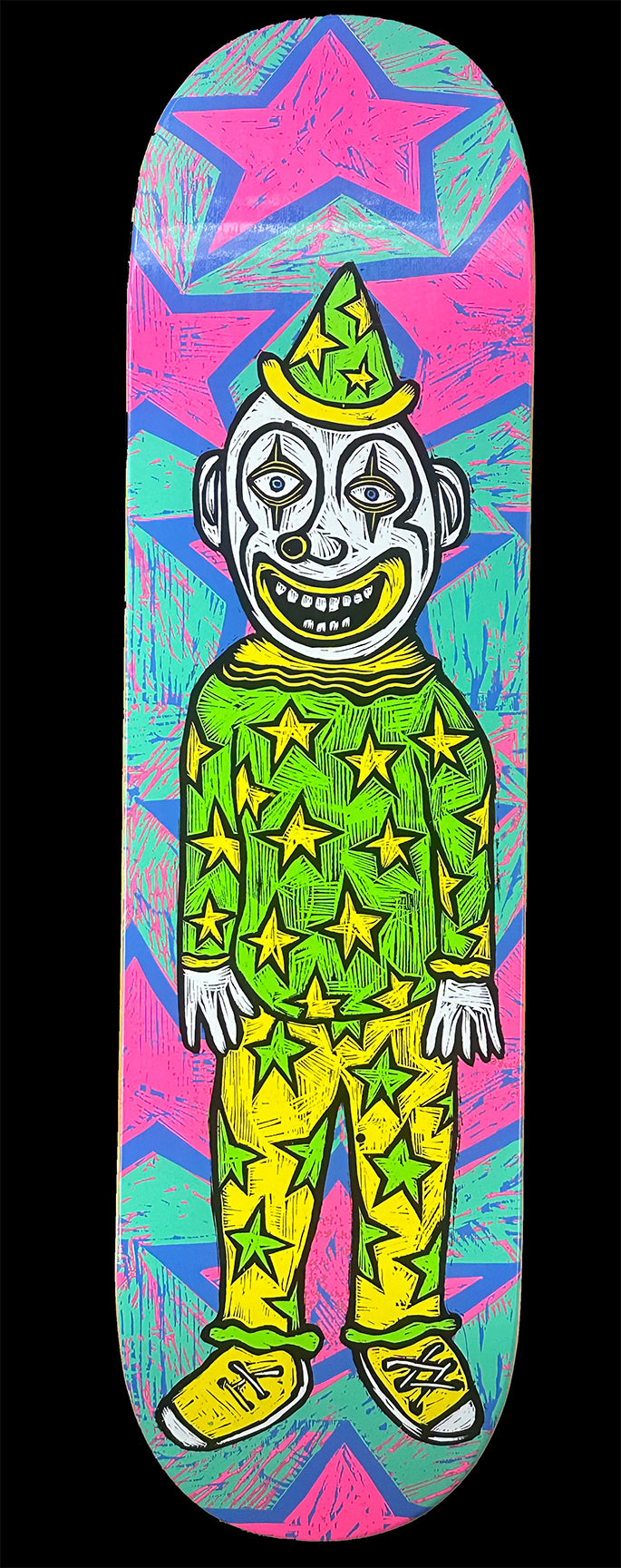 Starstruck Clown Skateboard Graphic Woodcut