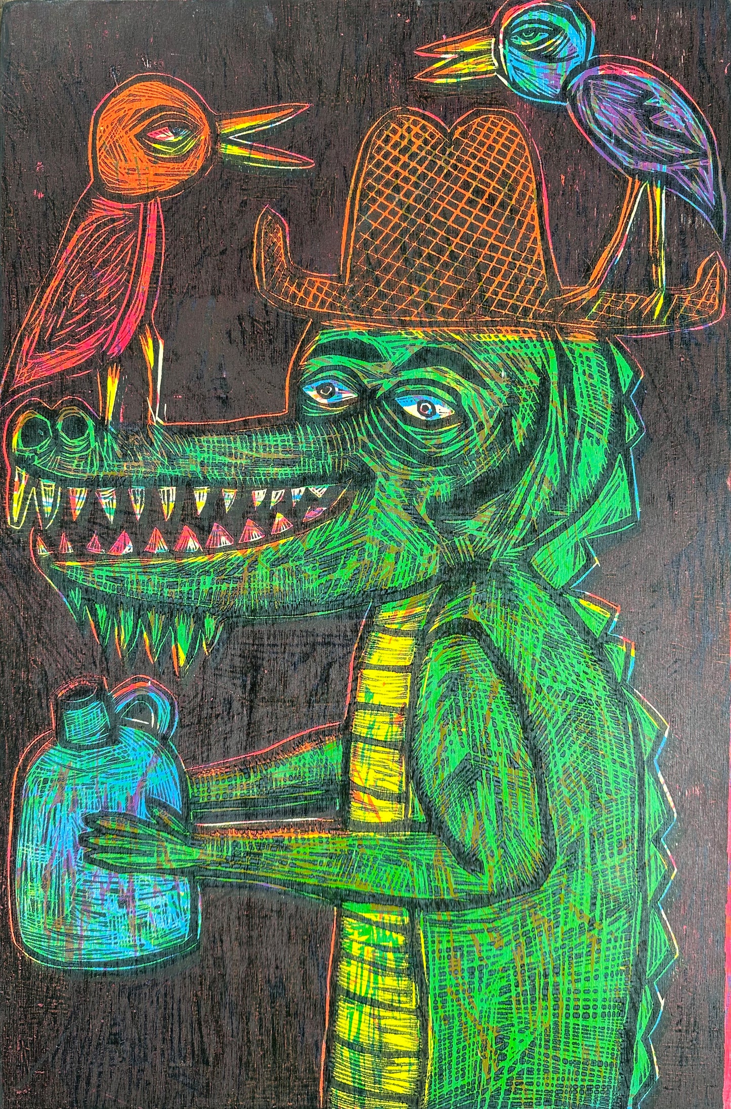 Country Croc Woodcut On Birch Panel