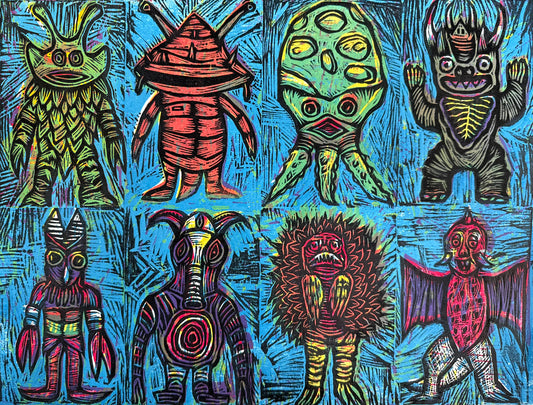 Crazy 8's Editioned Multiblock Color Woodcut Print (Pack D)