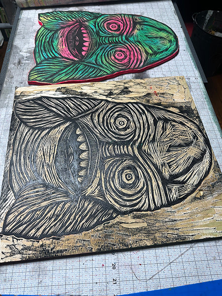 Creature Woodcut Printed on Wooden Panel