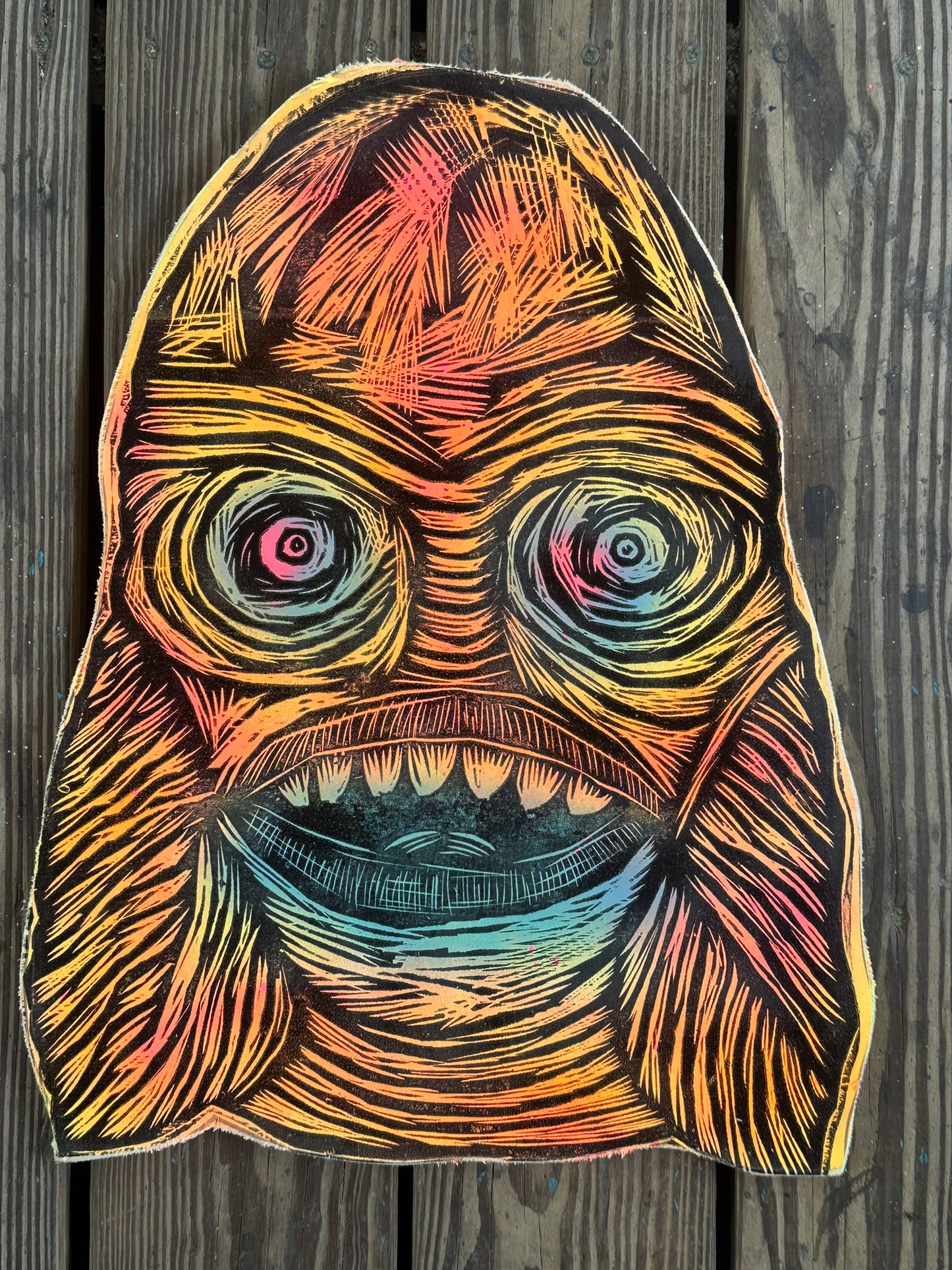 Creature Woodcut Printed on Wooden Panel