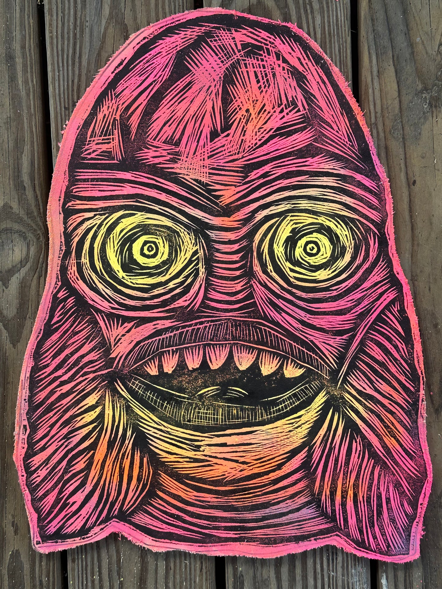 Creature Woodcut Printed on Wooden Panel