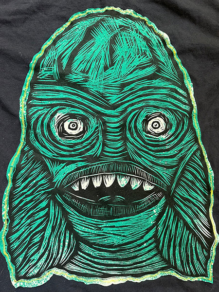 Creature Head Appliqued Woodcut Handprinted T-Shirt