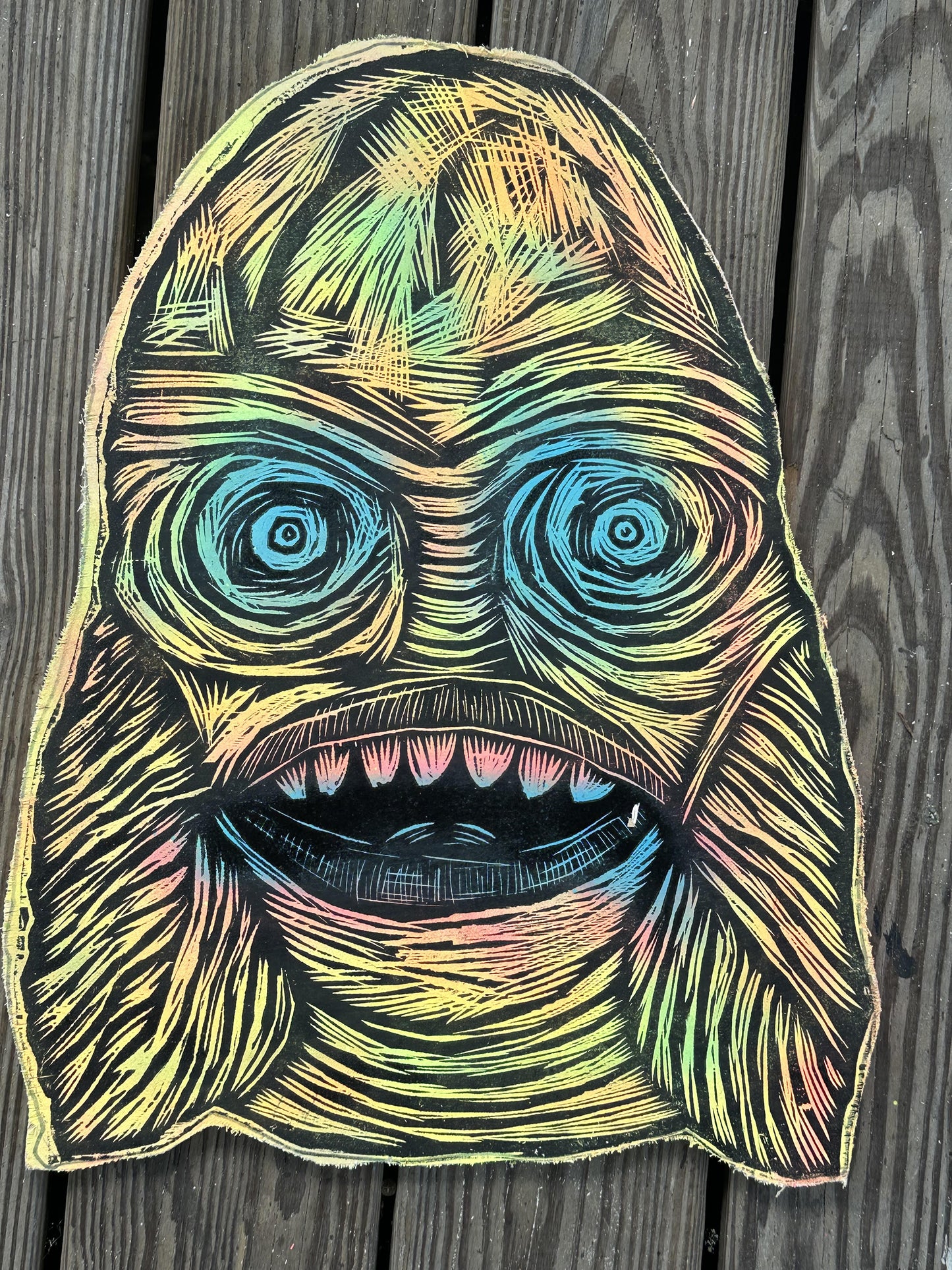 Creature Woodcut Printed on Wooden Panel