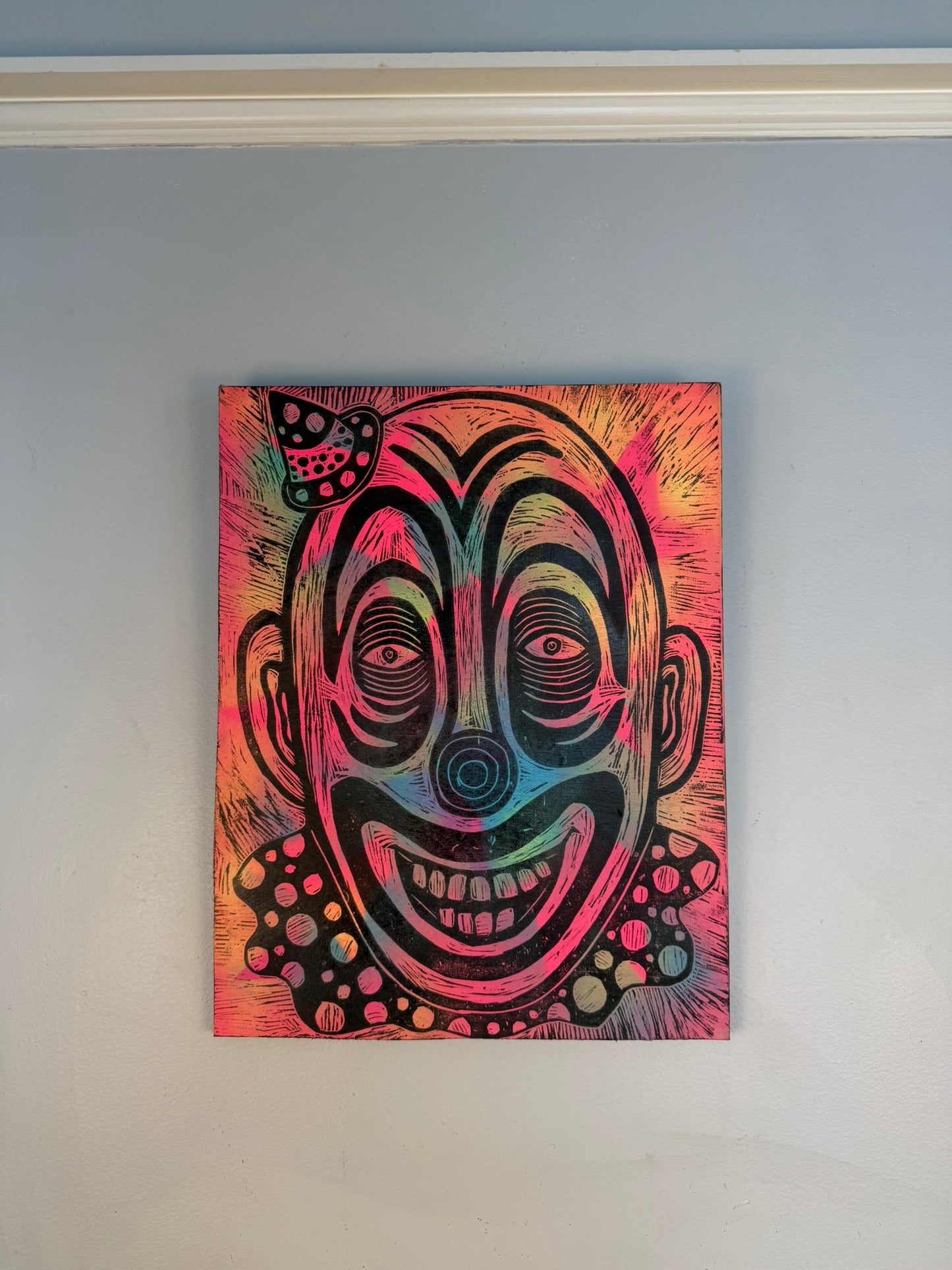 Dropsy the Clown Woodcut printed on a Wooden Panel