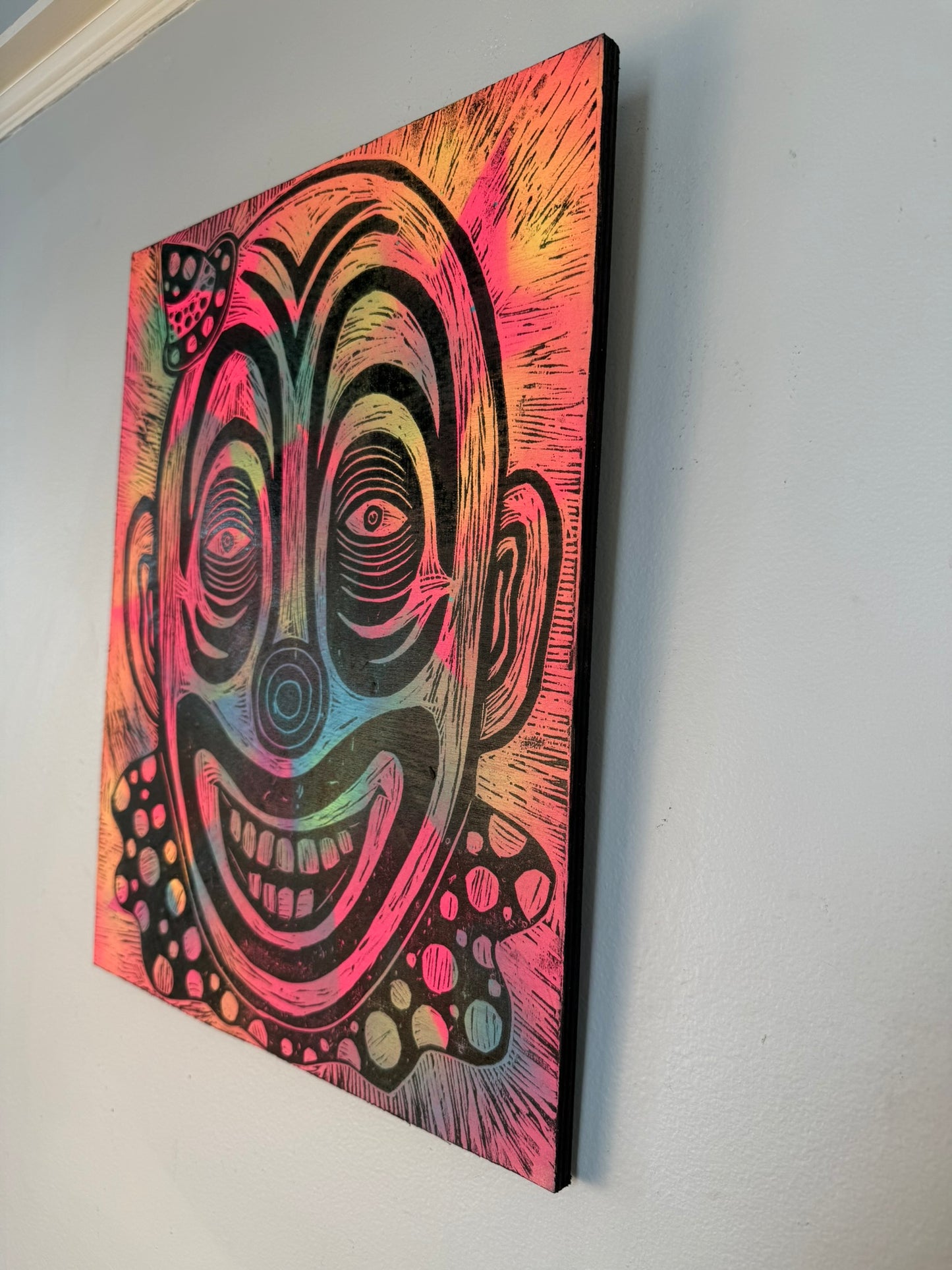 Dropsy the Clown Woodcut printed on a Wooden Panel