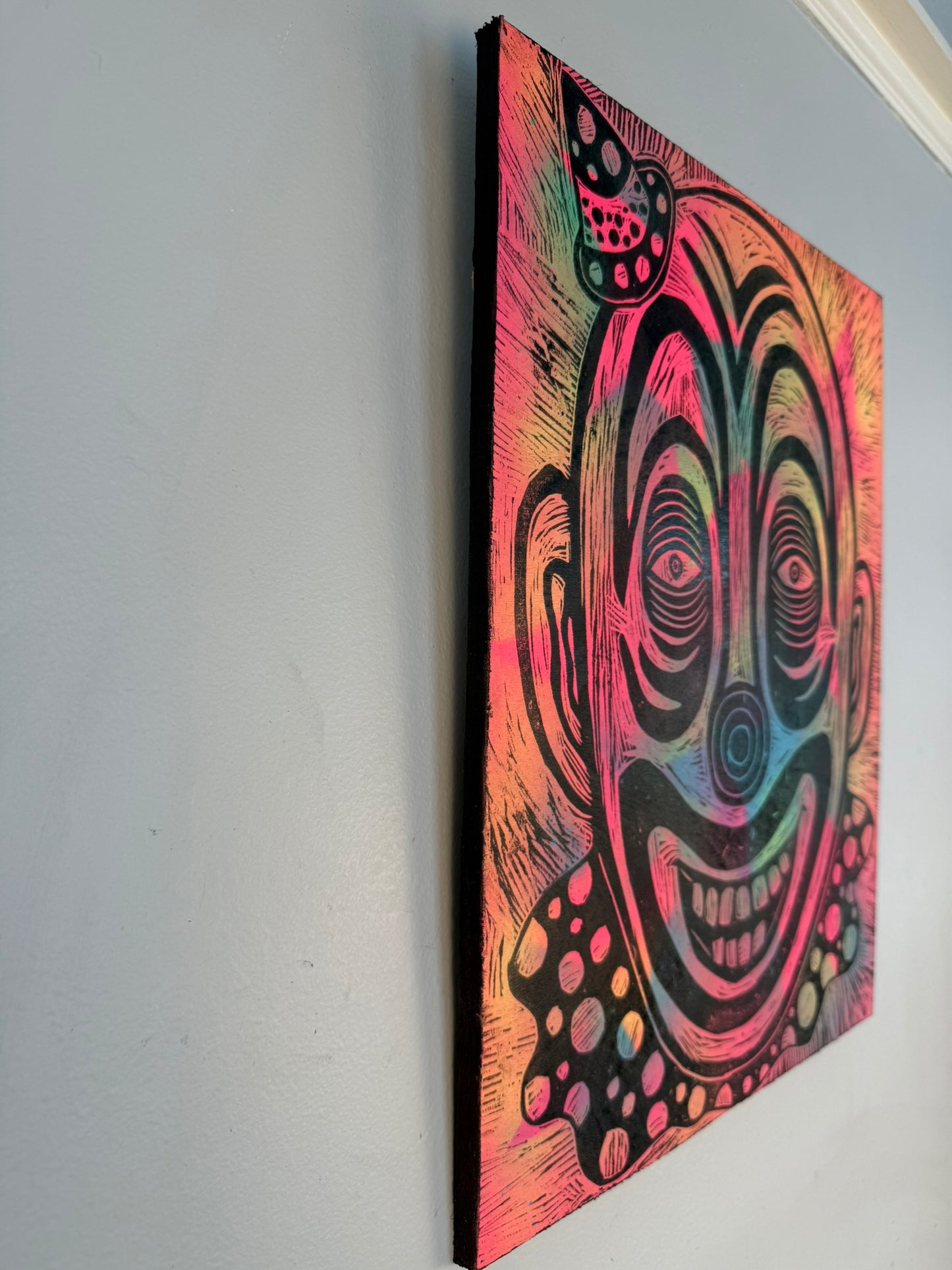 Dropsy the Clown Woodcut printed on a Wooden Panel