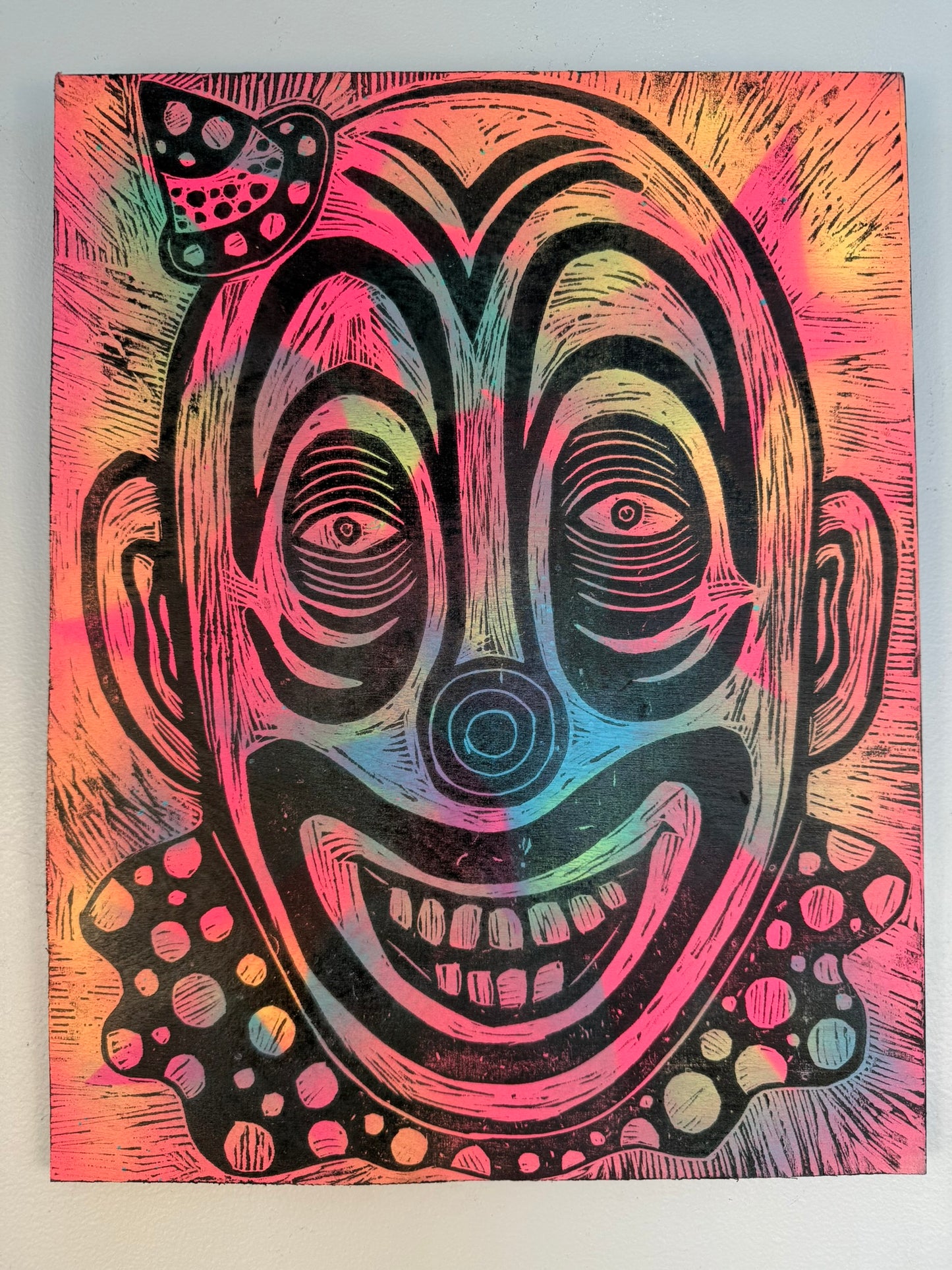 Dropsy the Clown Woodcut printed on a Wooden Panel