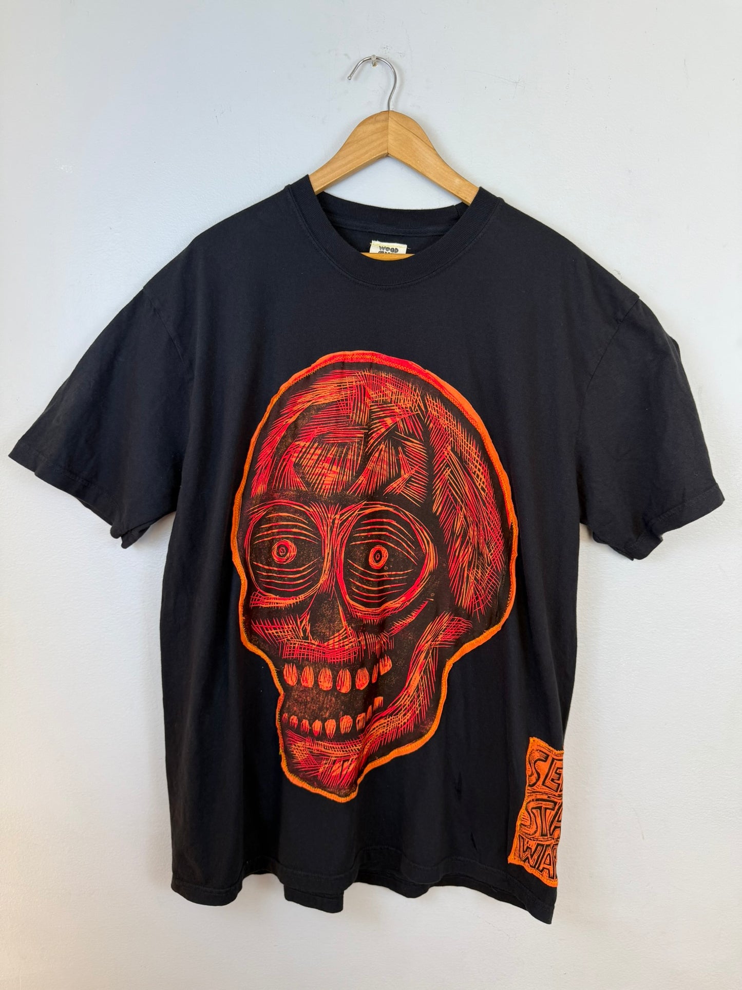 Fireball Skull Appliqued Woodcut Limited Edition Handprinted T-Shirt (Limited to 50)