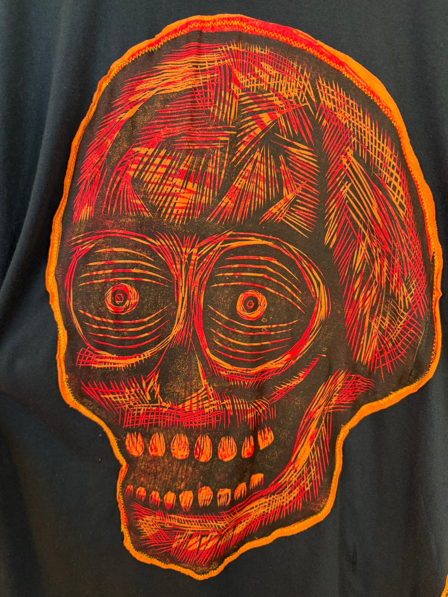 Fireball Skull Appliqued Woodcut Limited Edition Handprinted T-Shirt (Limited to 50)