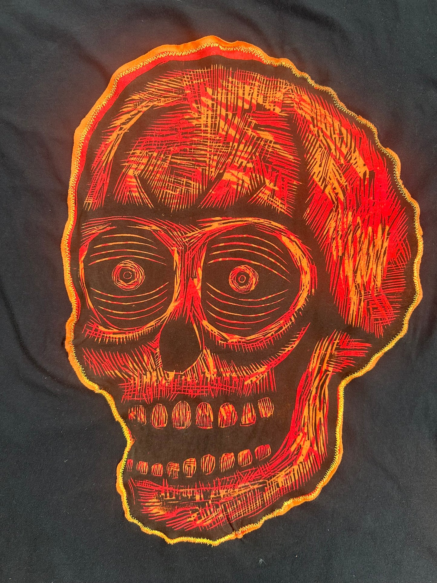 Orange Skull Appliqued Woodcut Limited Edition Handprinted T-Shirt (Limited to 50)