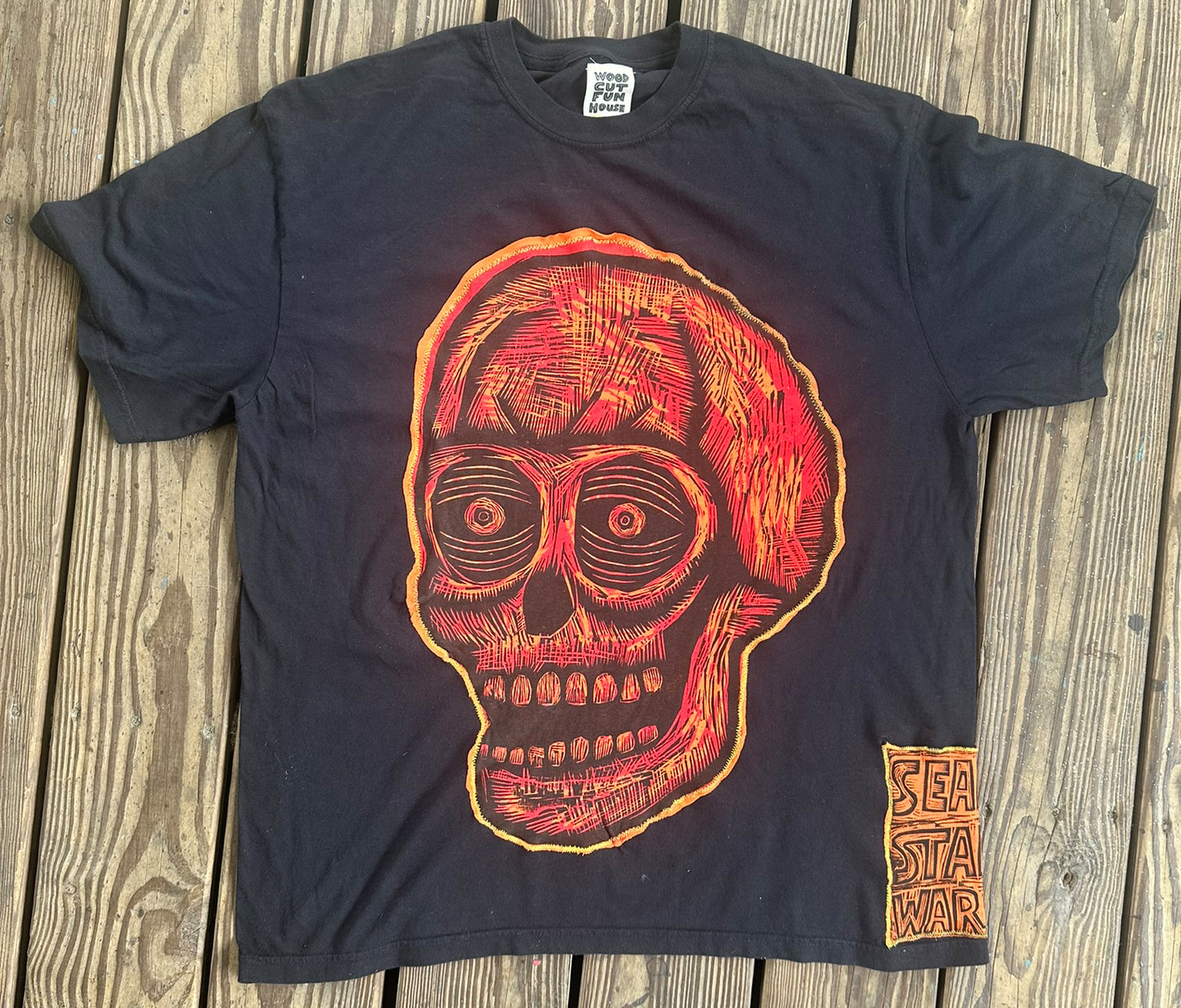 Flameout Skull Appliqued Woodcut Limited Edition Handprinted T-Shirt