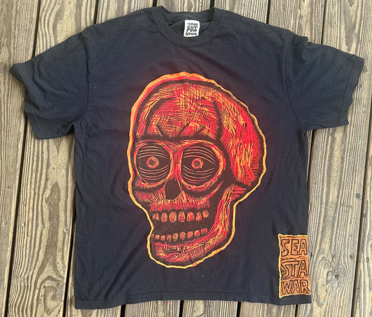 Orange Skull Appliqued Woodcut Limited Edition Handprinted T-Shirt (Limited to 50)