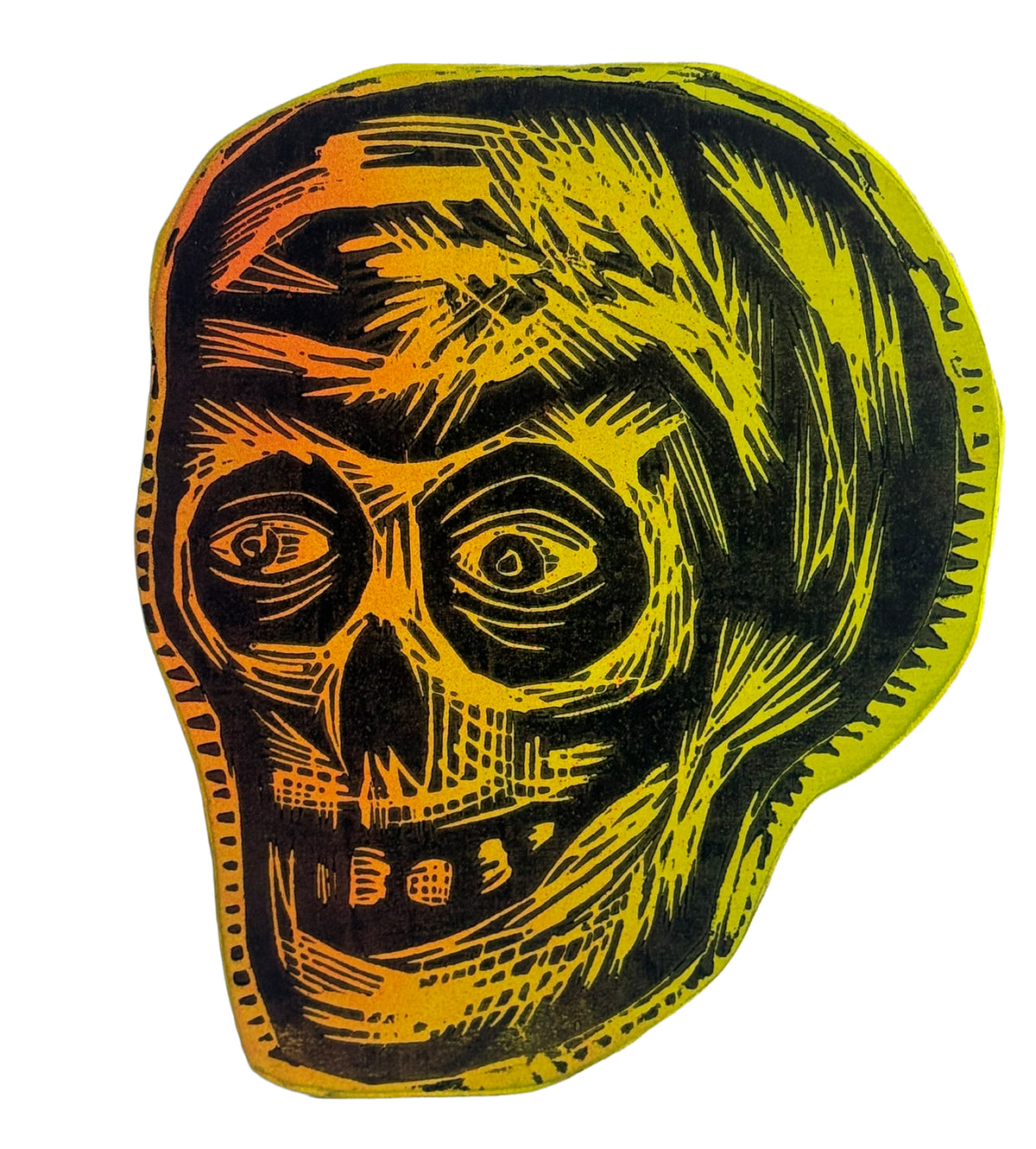 Flame Yellow Compact Skull  Woodcut  printed on  Wooden Panel