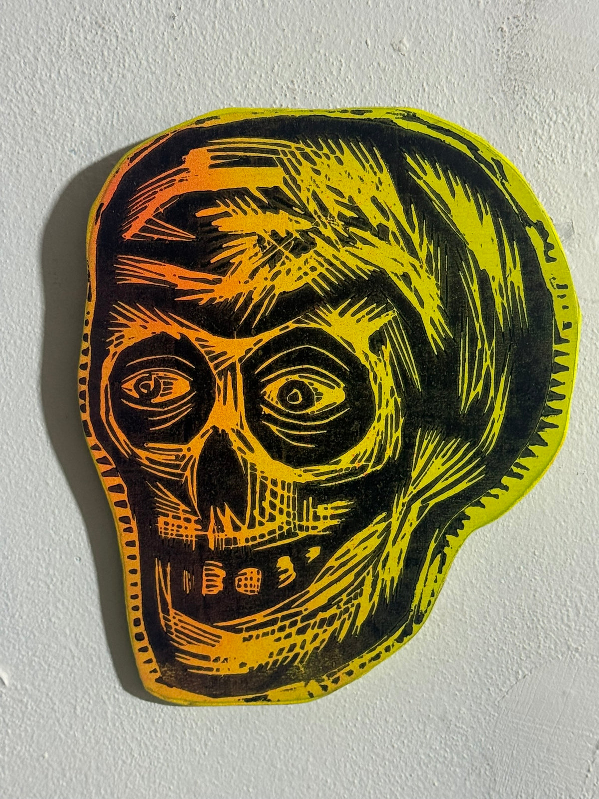 Flame Yellow Compact Skull  Woodcut  printed on  Wooden Panel