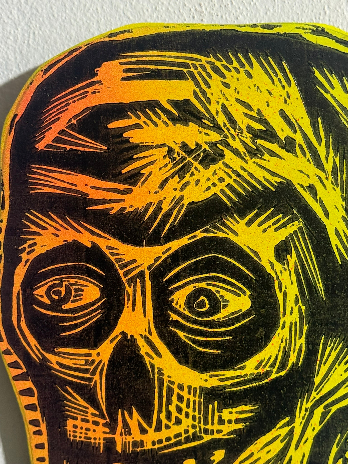 Flame Yellow Compact Skull  Woodcut  printed on  Wooden Panel