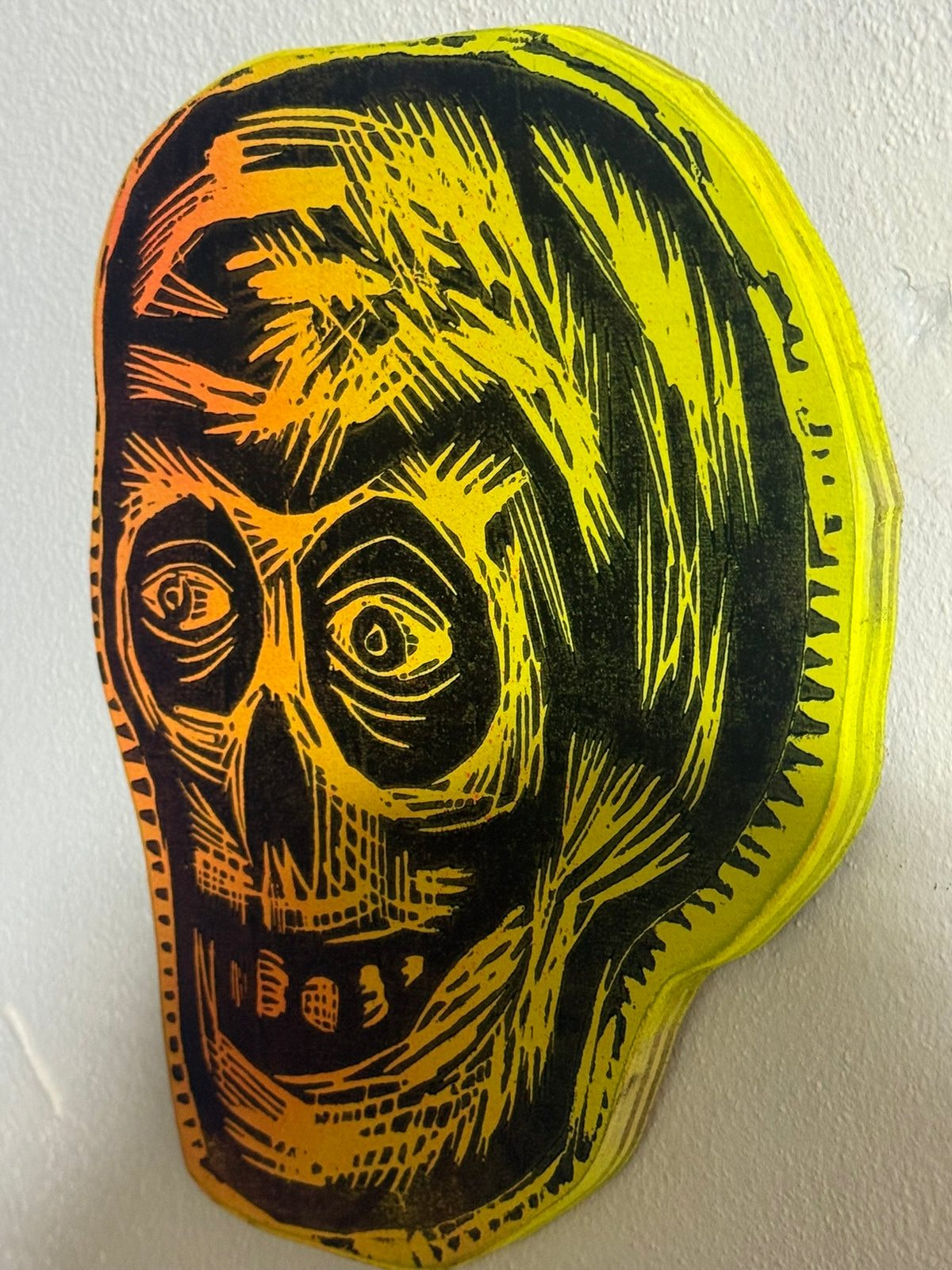 Flame Yellow Compact Skull  Woodcut  printed on  Wooden Panel