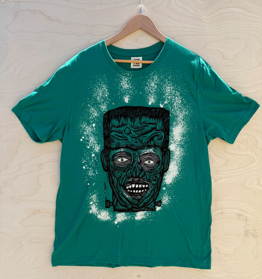 Frankenstein Bleachout Woodcut Handprinted T-Shirt