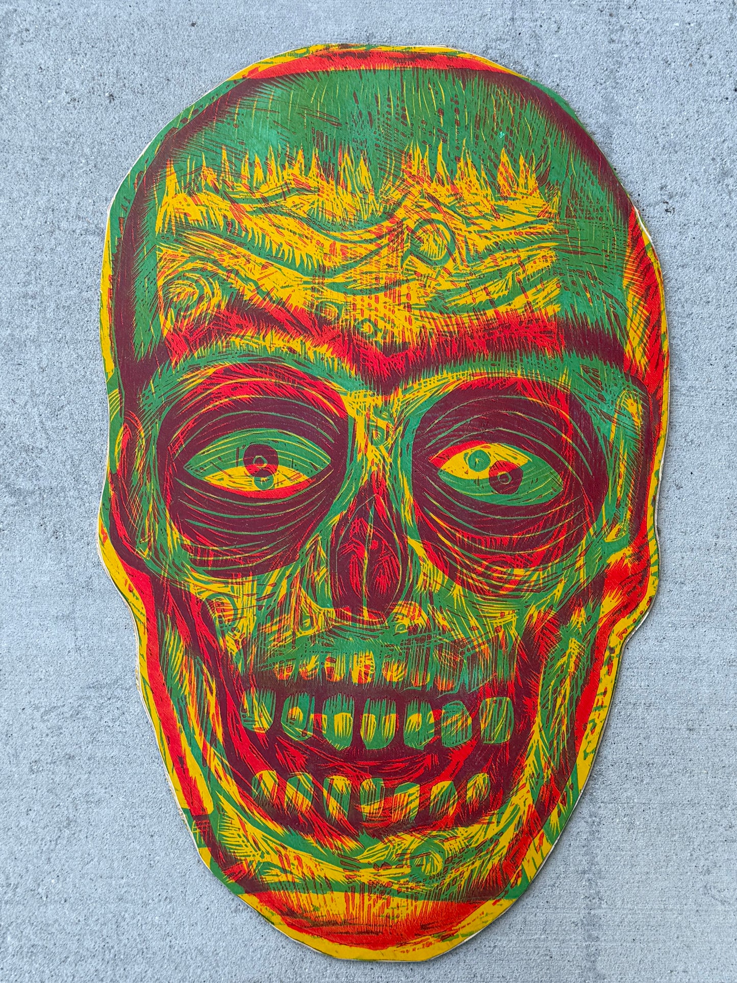 Yellow Radiant Skull With Green Frankenstein Woodcut handprinted on Wooden Panel 20" x 30"