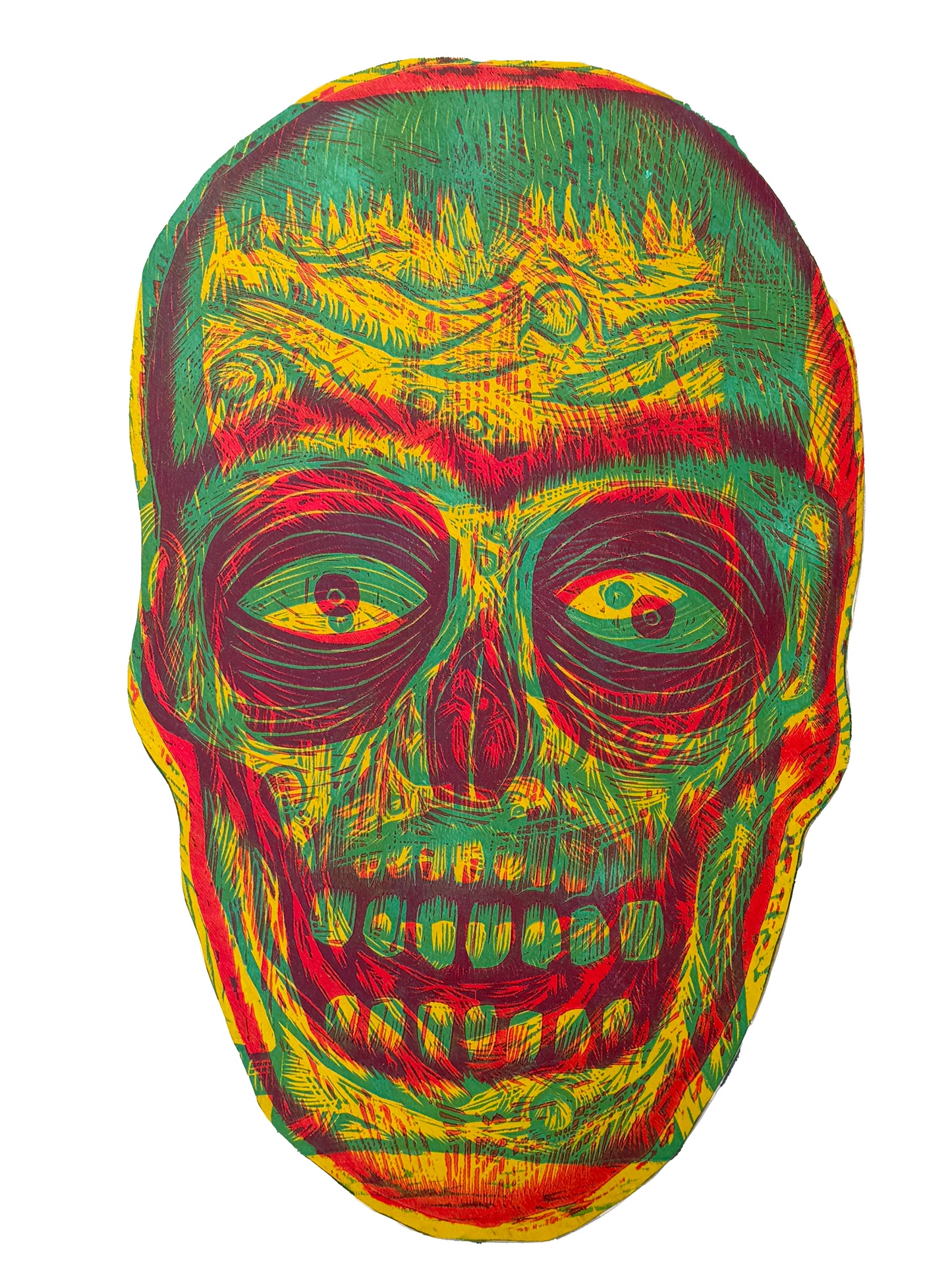 Yellow Radiant Skull With Green Frankenstein Woodcut handprinted on Wooden Panel 20" x 30"