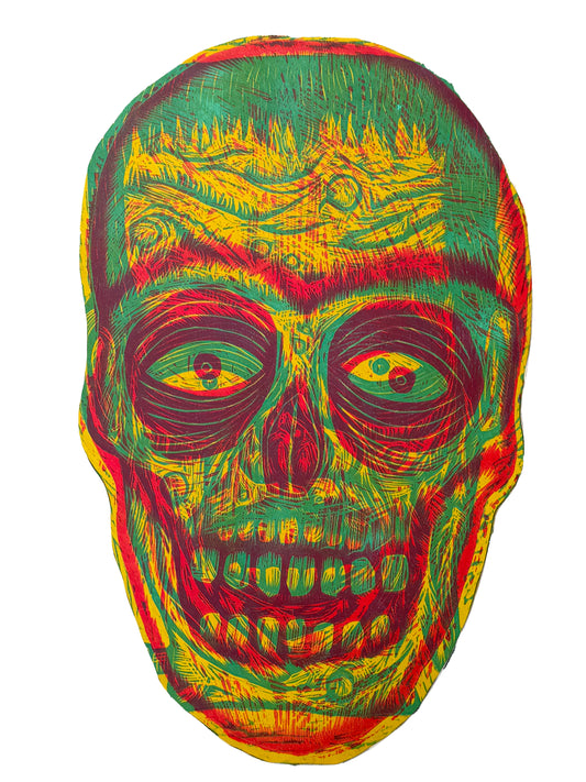 Yellow Radiant Skull With Green Frankenstein Woodcut handprinted on Wooden Panel 20" x 30"