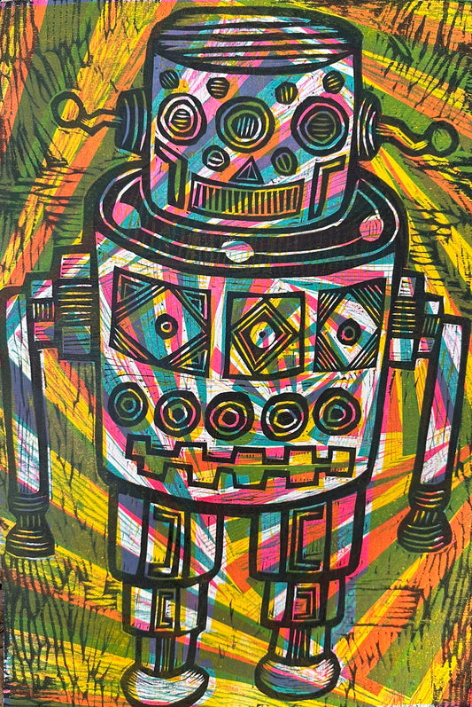 OP ART Robot Hand pulled Woodcut Print