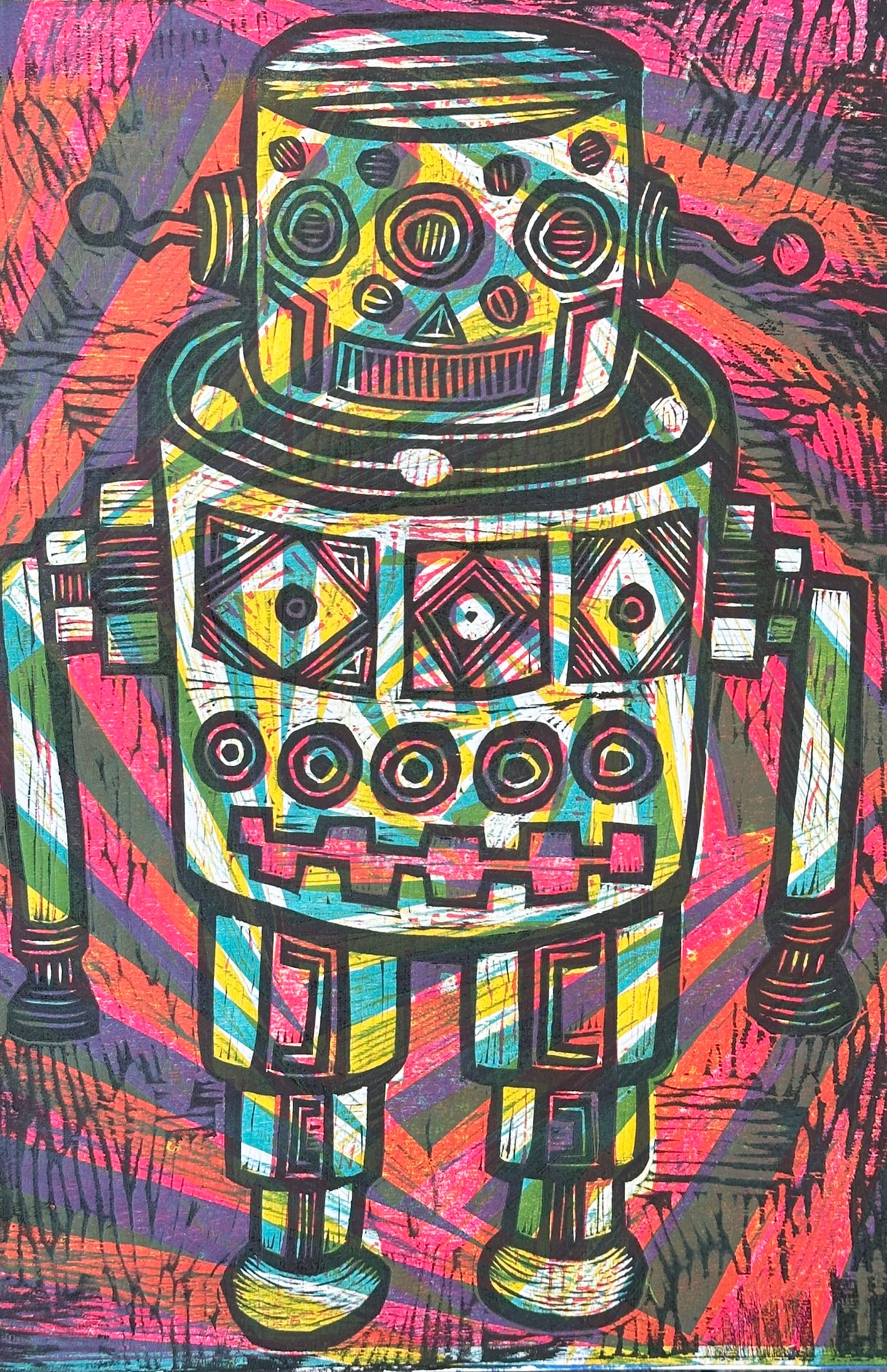 Red Stripes Robot Woodcut hand pulled Print