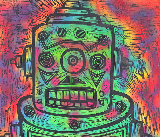 Sentinel  (Green) Woodcut Printed on Painted Wooden Panel
