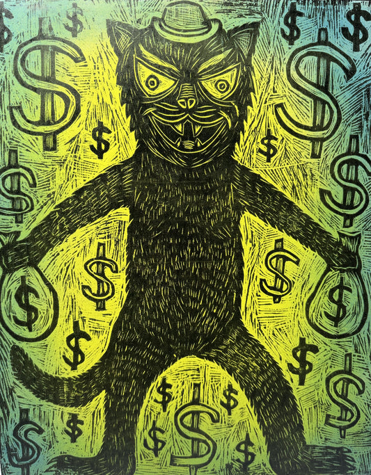 Green Aurora Money Cat Woodcut printed on a Wooden Panel