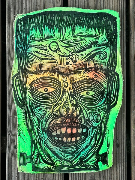 Frankenstein Woodcut Printed on Wooden Panel