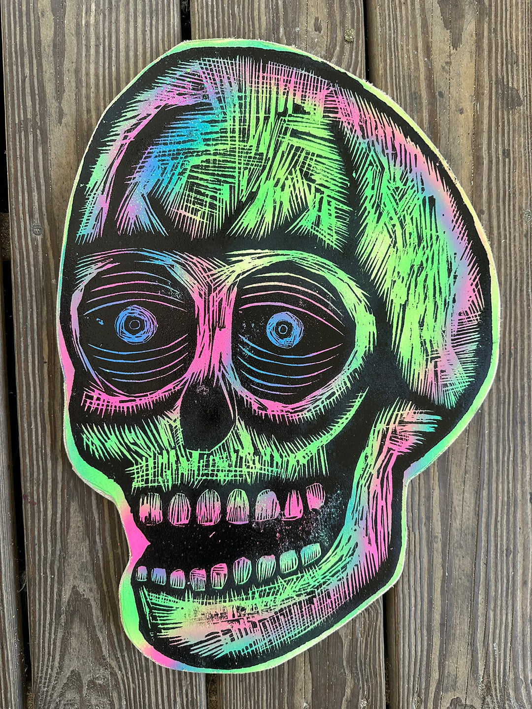 Acid Lime Skull Woodcut Printed on Wooden Panel