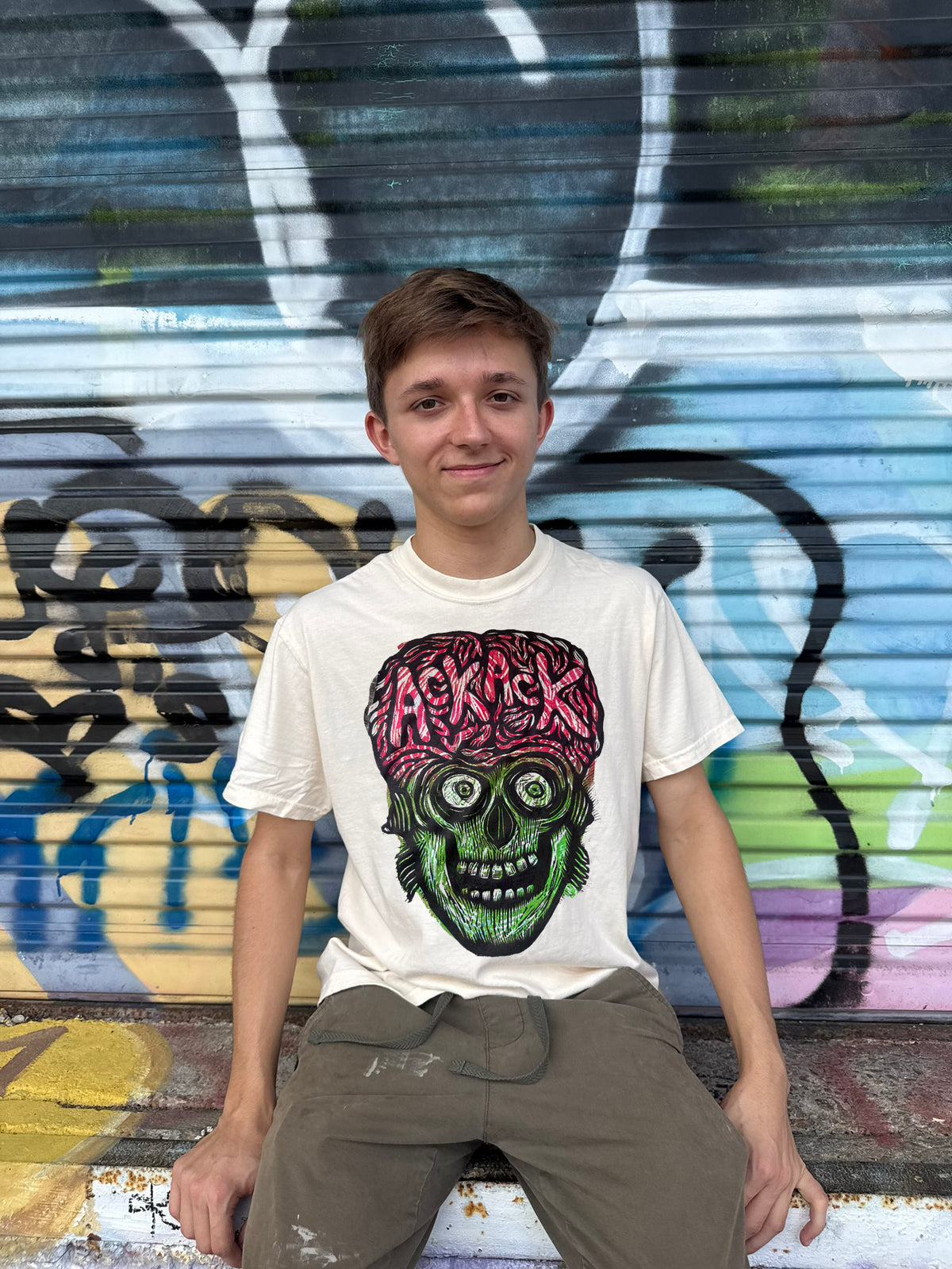 Three Block Martian Head  Black Ink Woodcut Handprinted T-Shirt