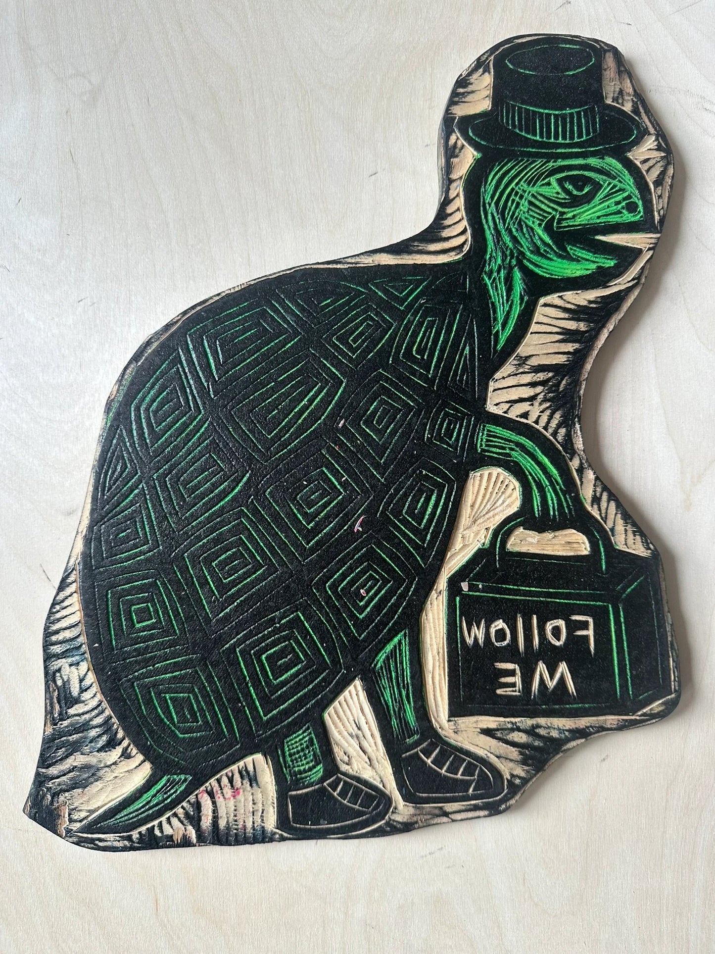 Tophat Turtle Woodcut Handprinted T-Shirt