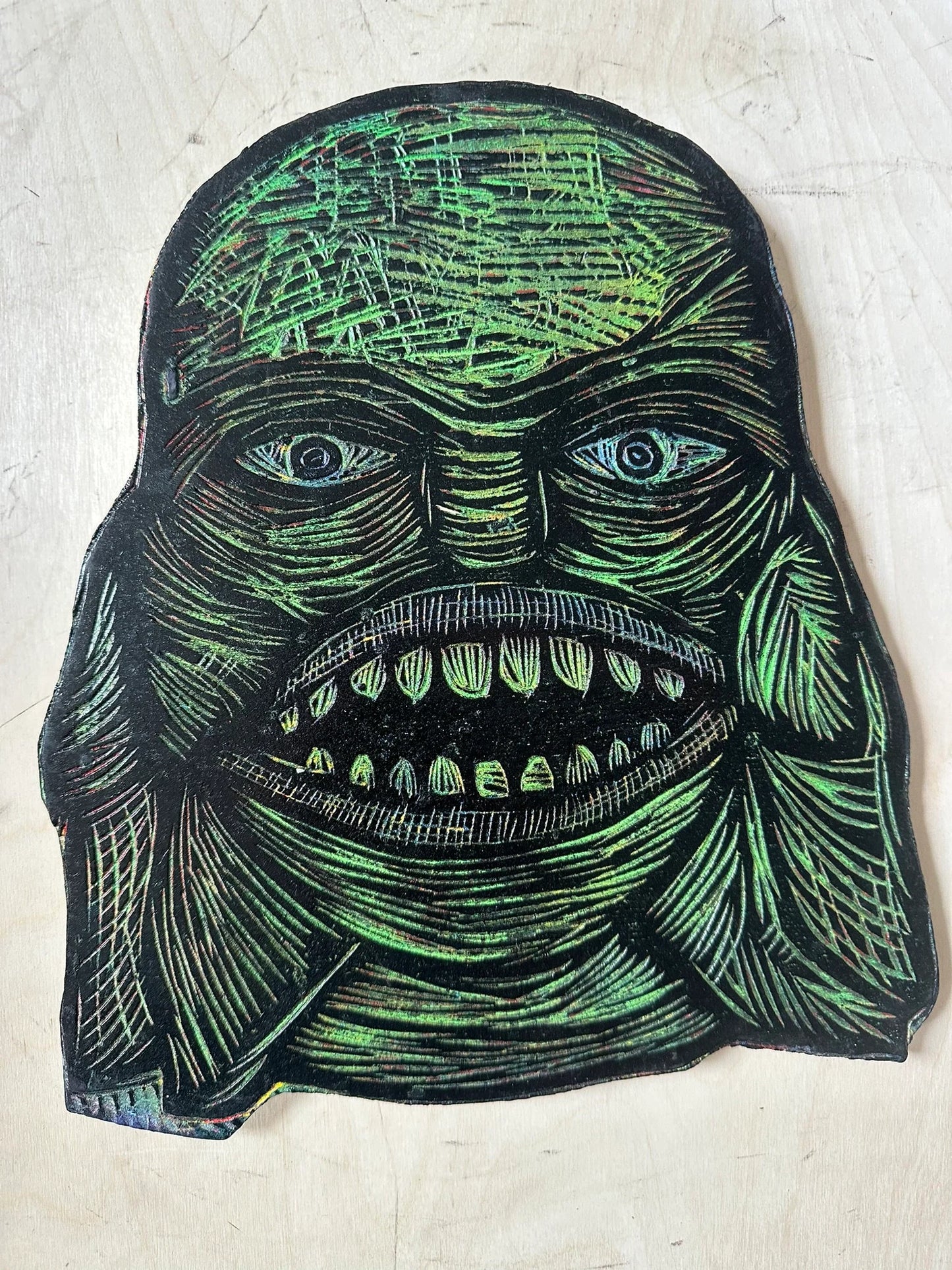 Double Creature Color Woodcut Handprinted T-Shirt