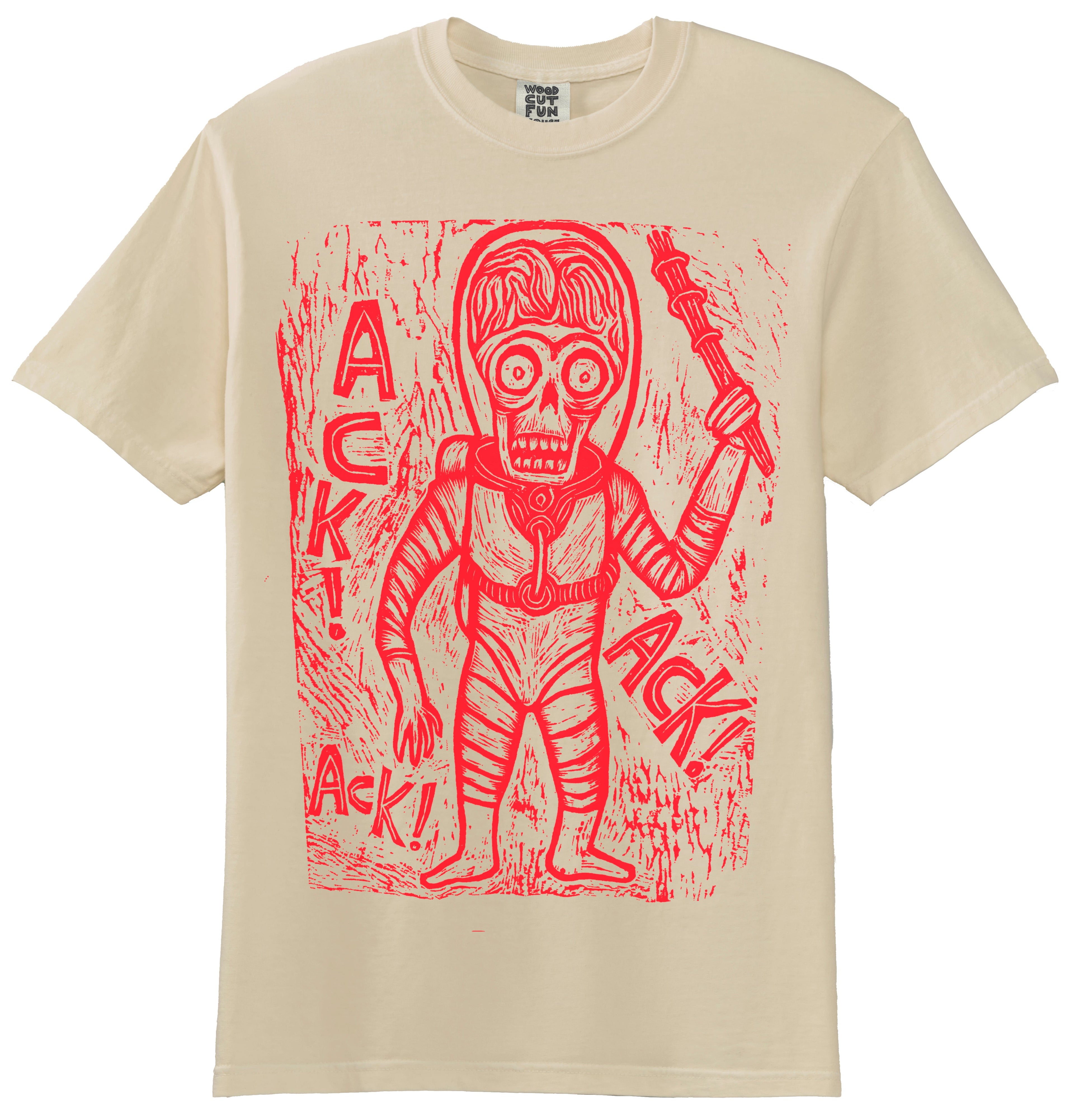Ack! Ack! Ack!  Woodcut Handprinted T-Shirt