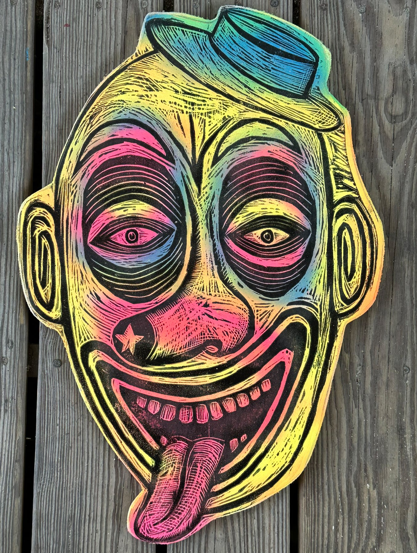 Laughing Clown Woodcut Printed on Wooden Panel