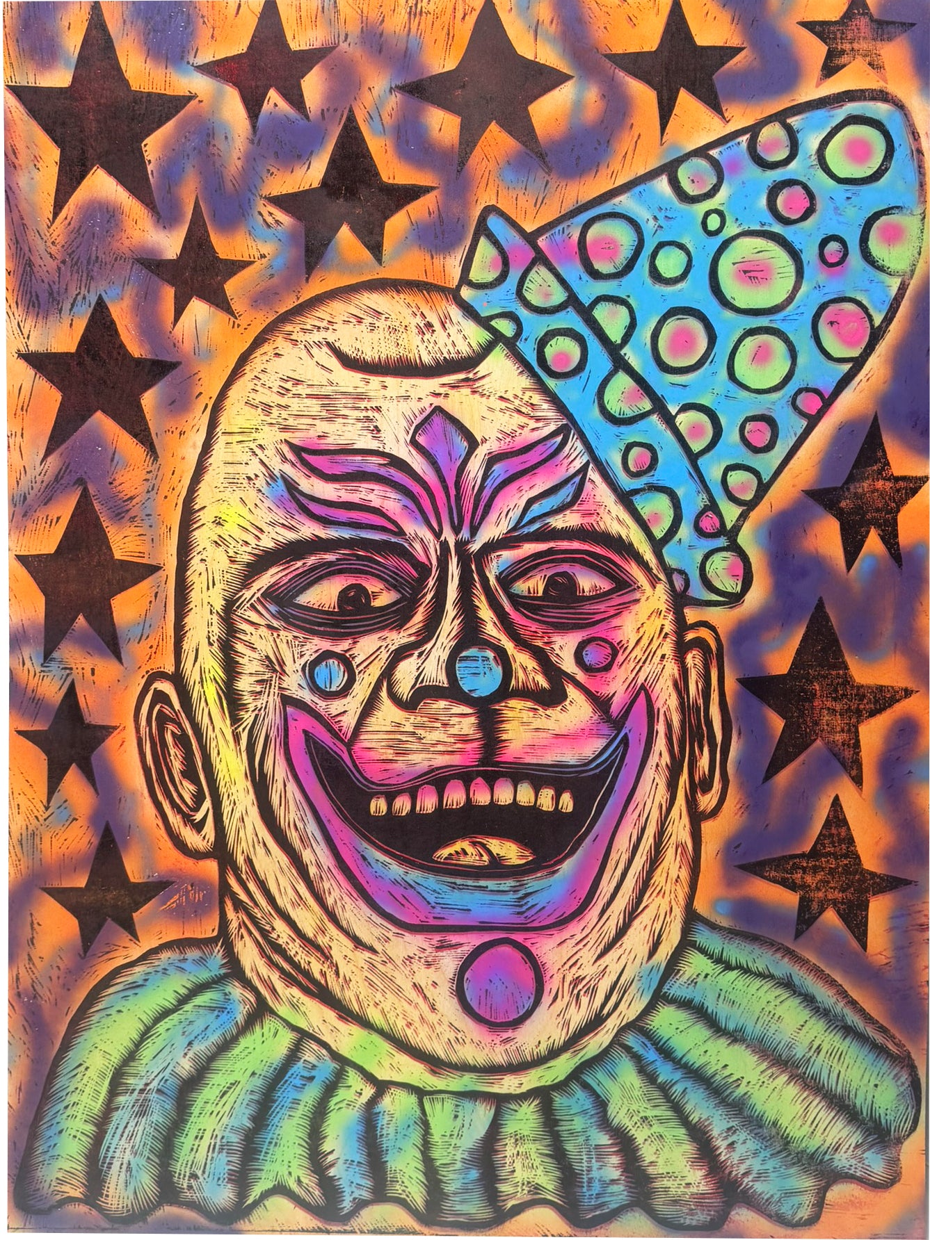 Laugh Clown Laugh Woodcut on Spraypainted Wooden Panel  36" x 48"