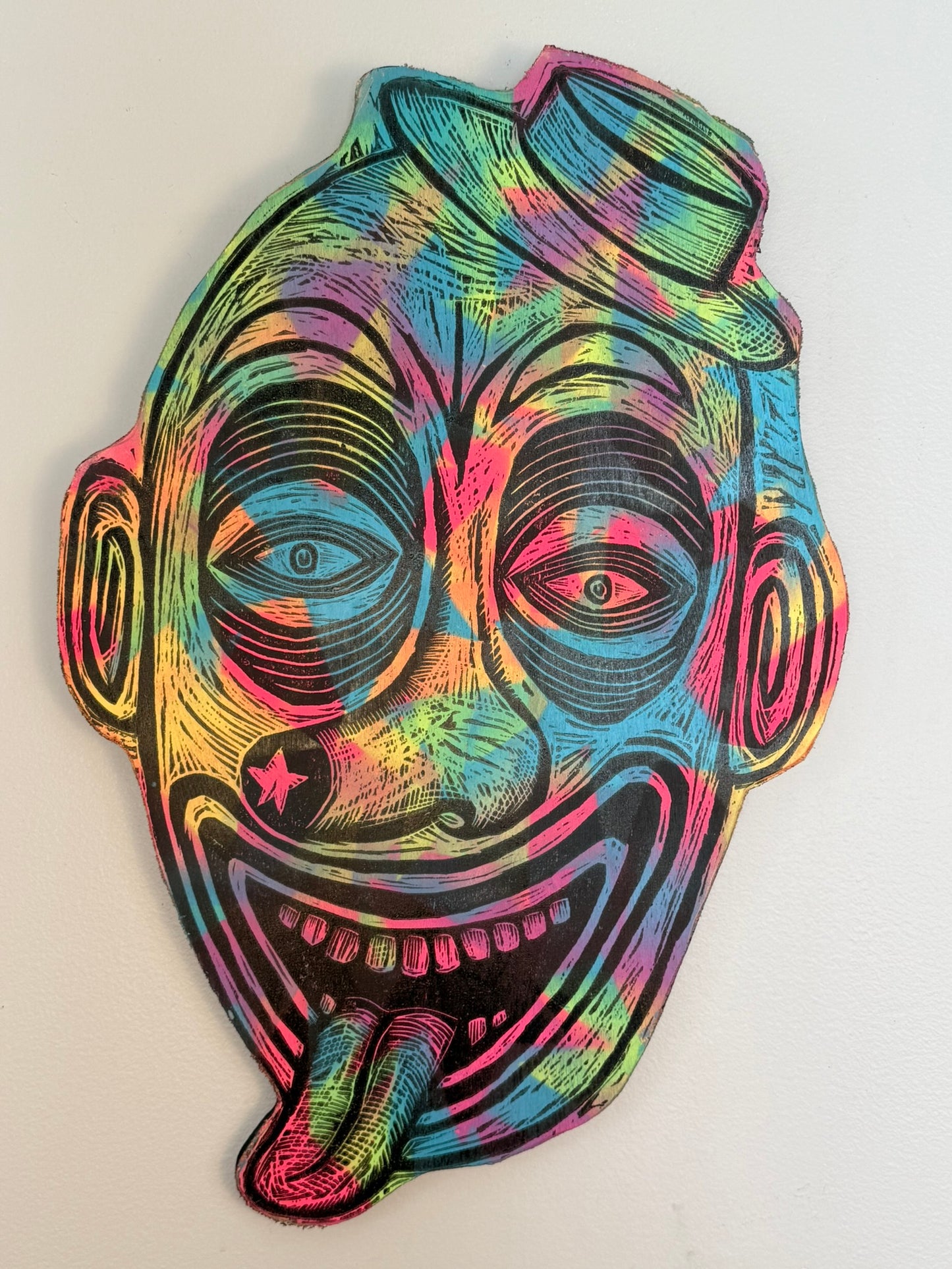 Starfield Laughing Clown Woodcut Printed on Wooden Panel