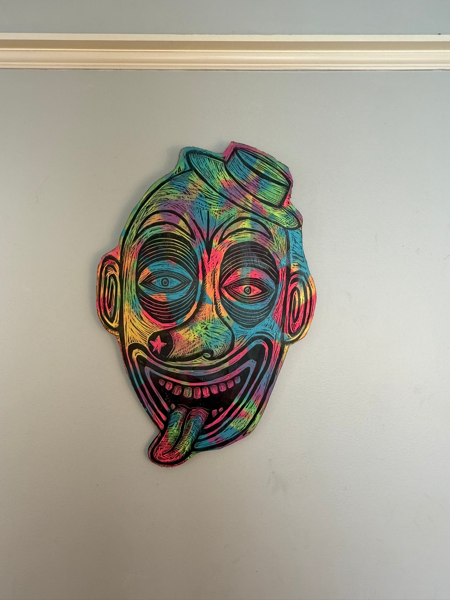 Starfield Laughing Clown Woodcut Printed on Wooden Panel