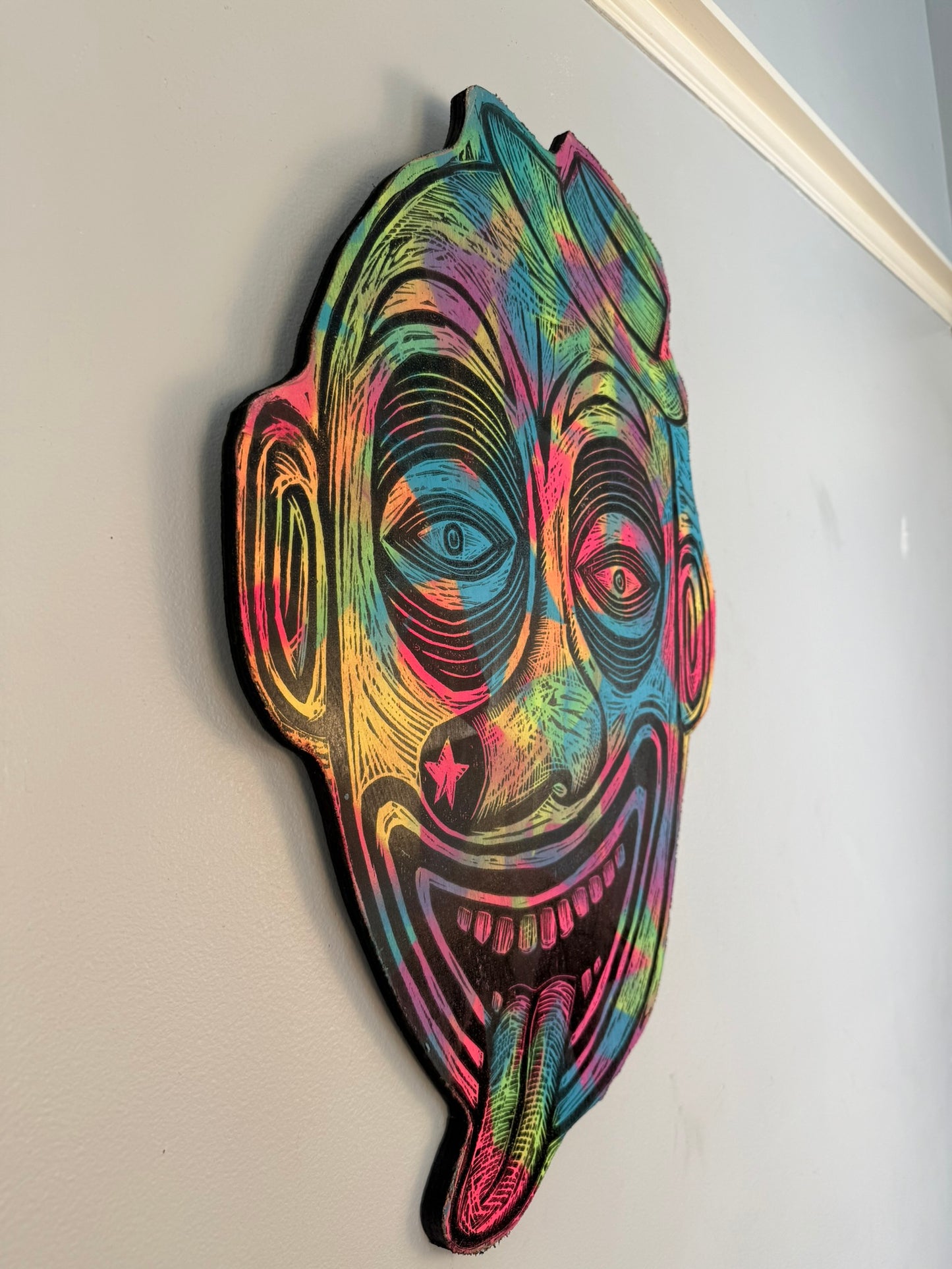 Starfield Laughing Clown Woodcut Printed on Wooden Panel