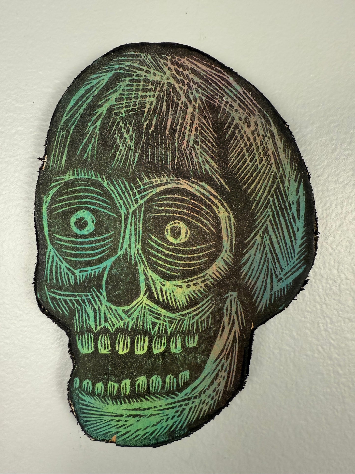 Mini Skull Woodcut Printed on Wooden Panel