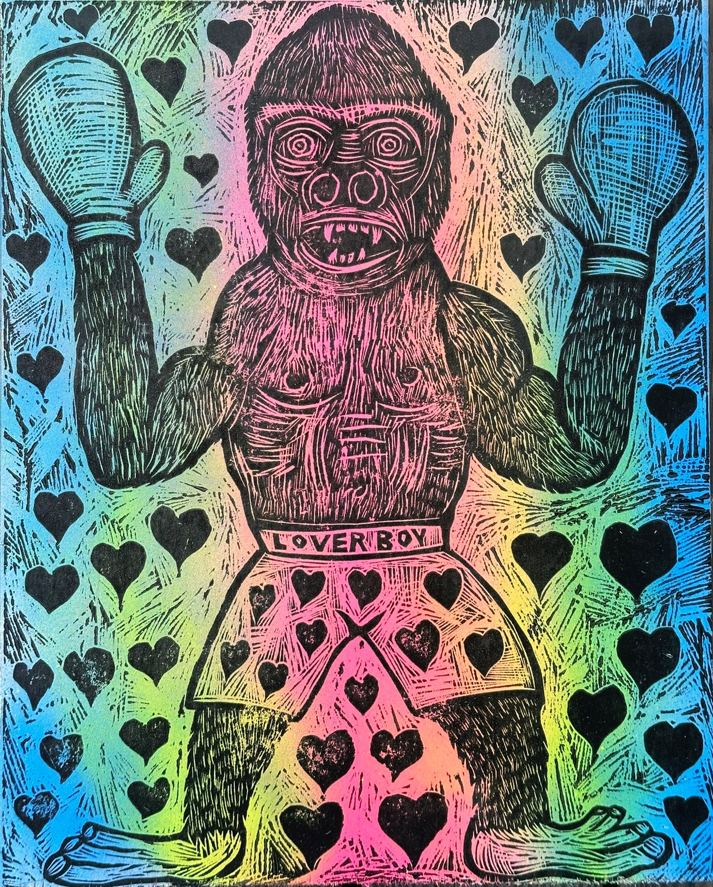 Loverboy Woodcut printed on a Wooden Panel