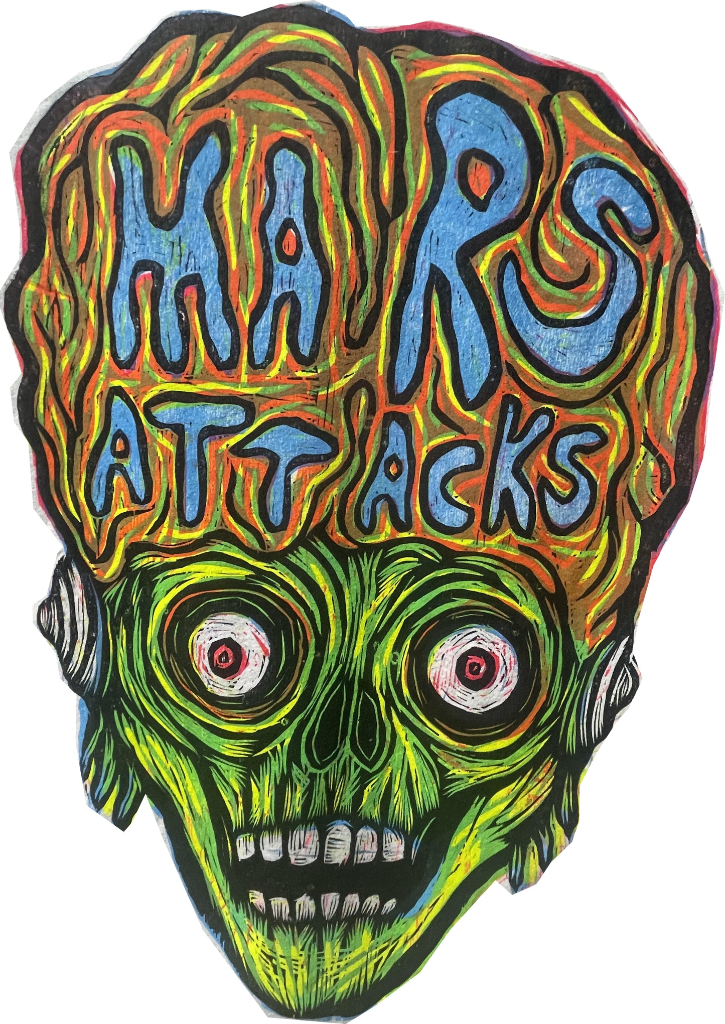 Space Dust Mars Attacks (Big Head) Woodcut Handprinted Color T-Shirt