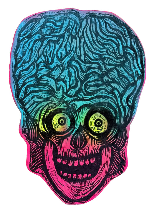 Martian Head Woodcut Printed on Wooden Panel