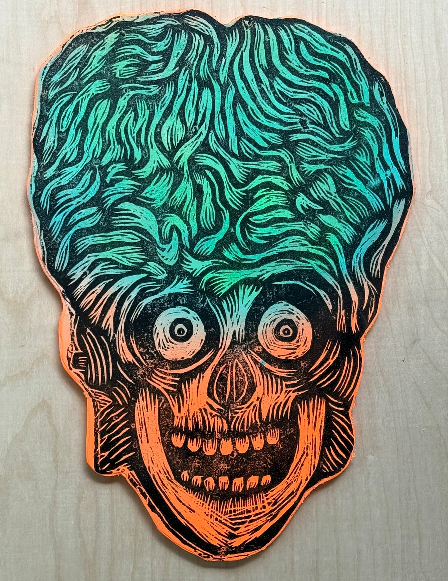 Martian Head Woodcut Printed on Wooden Panel