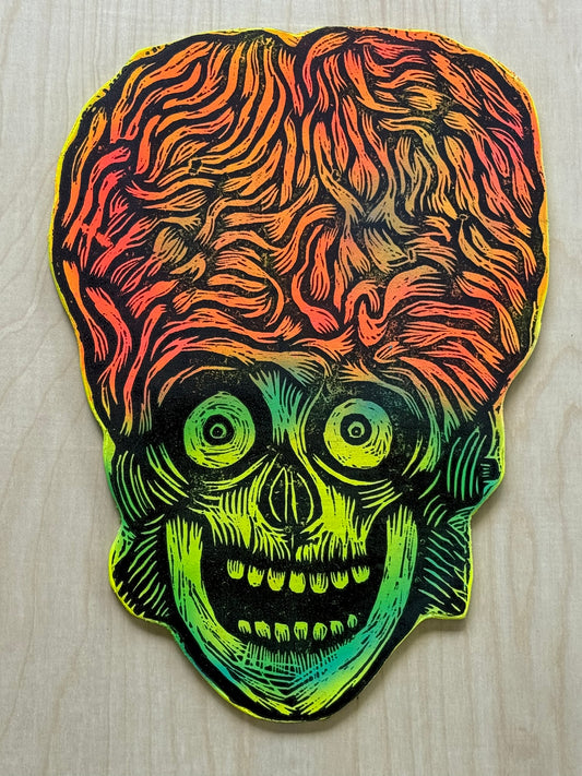 Martian Head Woodcut Printed on Wooden Panel