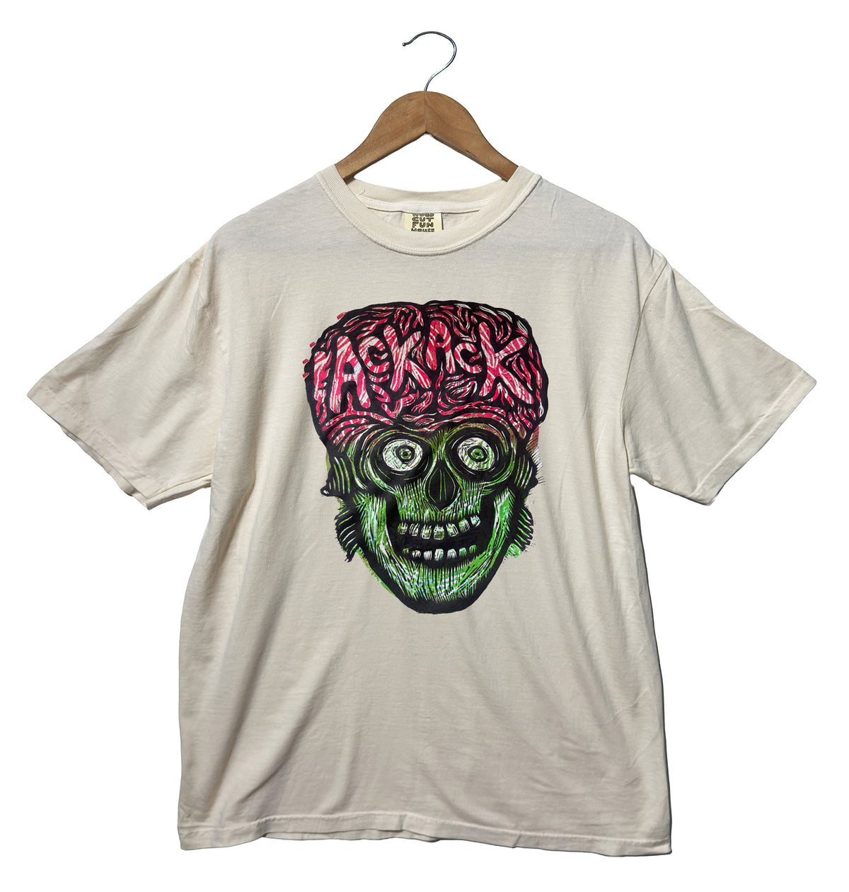 Three Block Martian Head  Black Ink Woodcut Handprinted T-Shirt