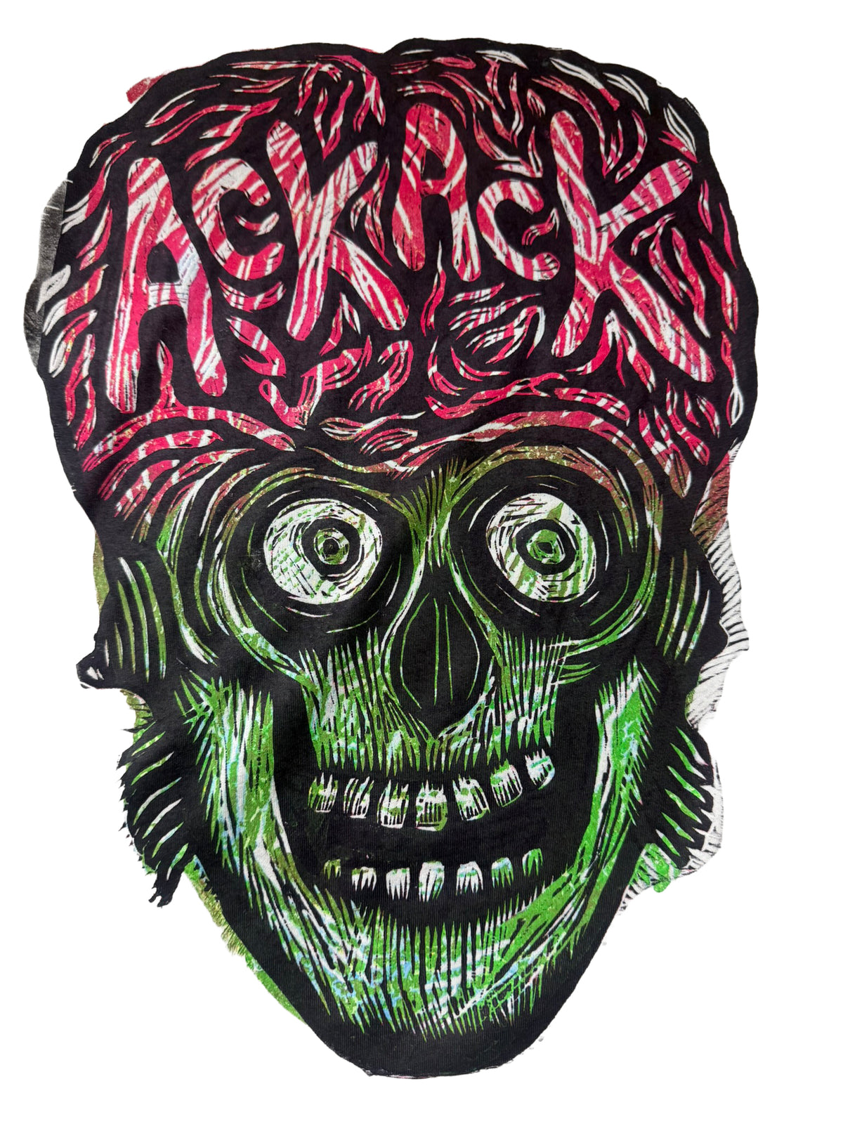 Three Block Martian Head  Black Ink Woodcut Handprinted T-Shirt
